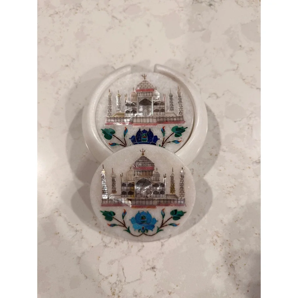 Rare Handmade White Marble Taj Mahal Indian Mother Of Pearl‎ Coaster Set of 6